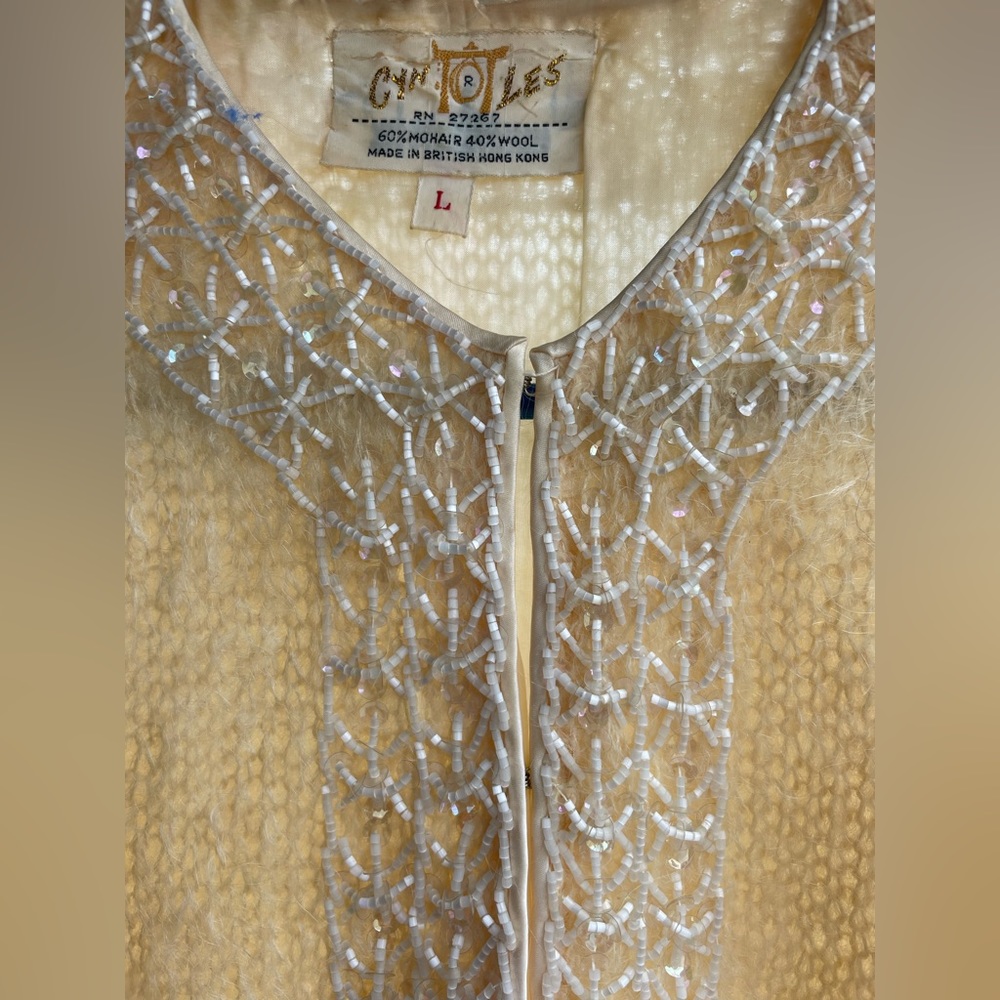 Vintage “Cyn Les” Mid Mod Lined Mohair Wool Beaded Women's Cardigan Sweater M/L